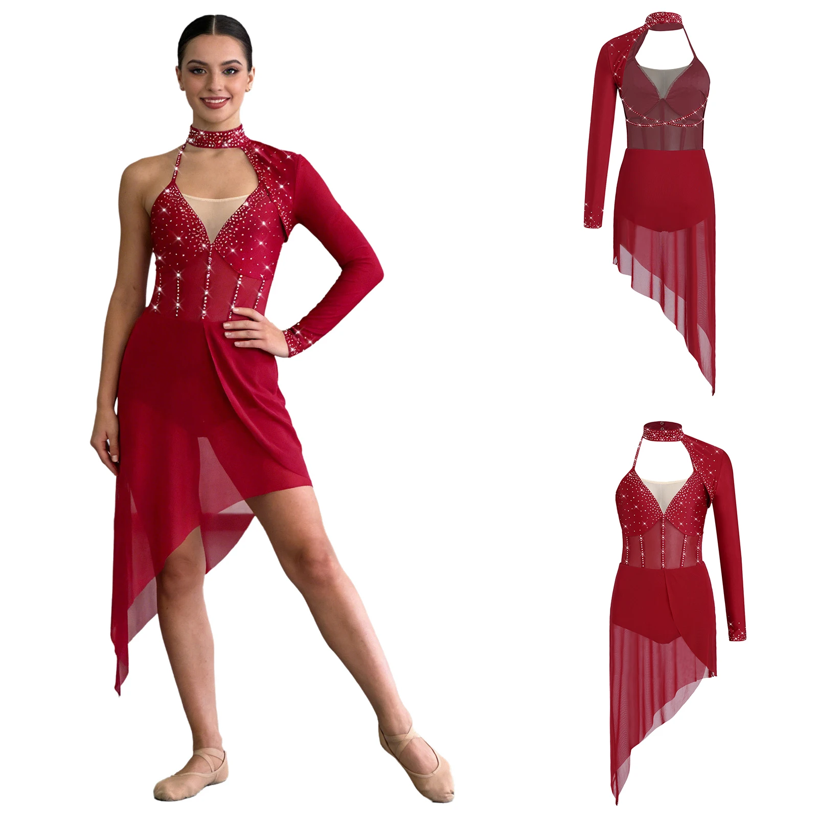 

Women Ballet Figure Skating Lyrical Gymnastics Costume Leotards Rhinestones Strappy Backless Sheer Mesh Leotard Bodysuits Dress