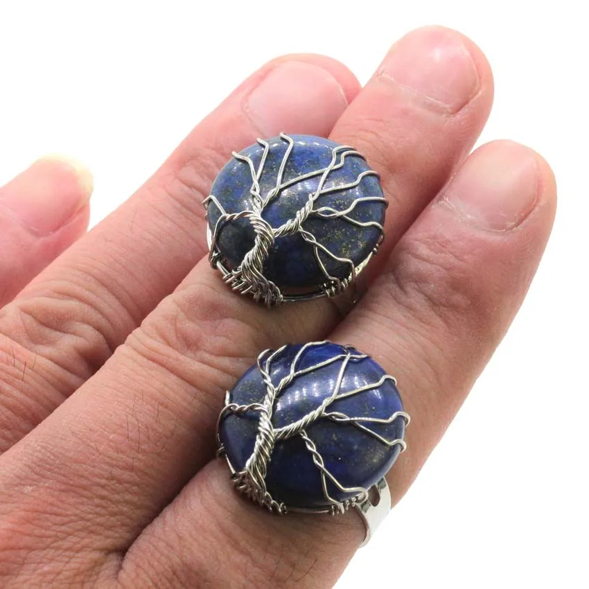 KFT Wire Wrapped Tree of Life Resizable Natural Crystal Quartz Lapis Lazuli Opal Round Adjustable Stone Finger Ring Jewelry