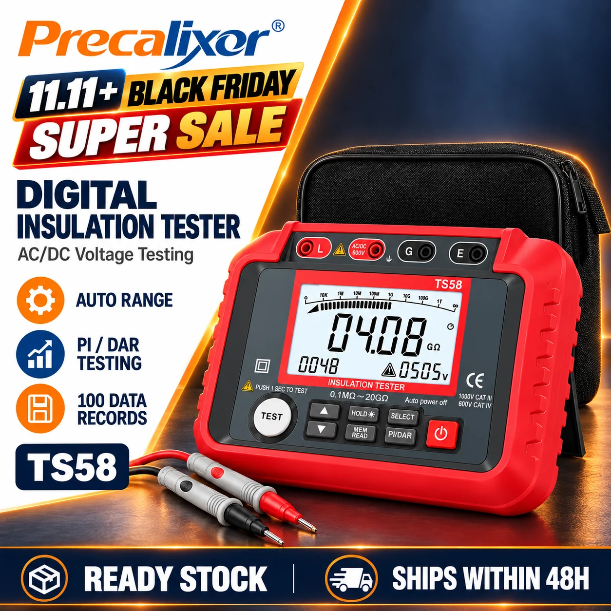 Insulation Resistance Tester Megohmmeter 1000V 20GΩ DAR PI Test Data Logging 50V~1000V Output for HVAC Electrical Winding