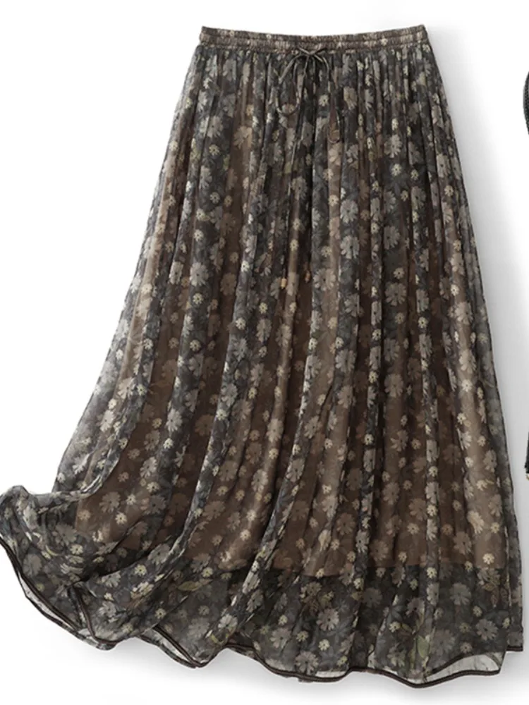 

Retro High Waist Floral f Skirt Women Summer Lightweight Draped Midi Double Layered Flax A-Line Skirt Cotton Polyester Blend