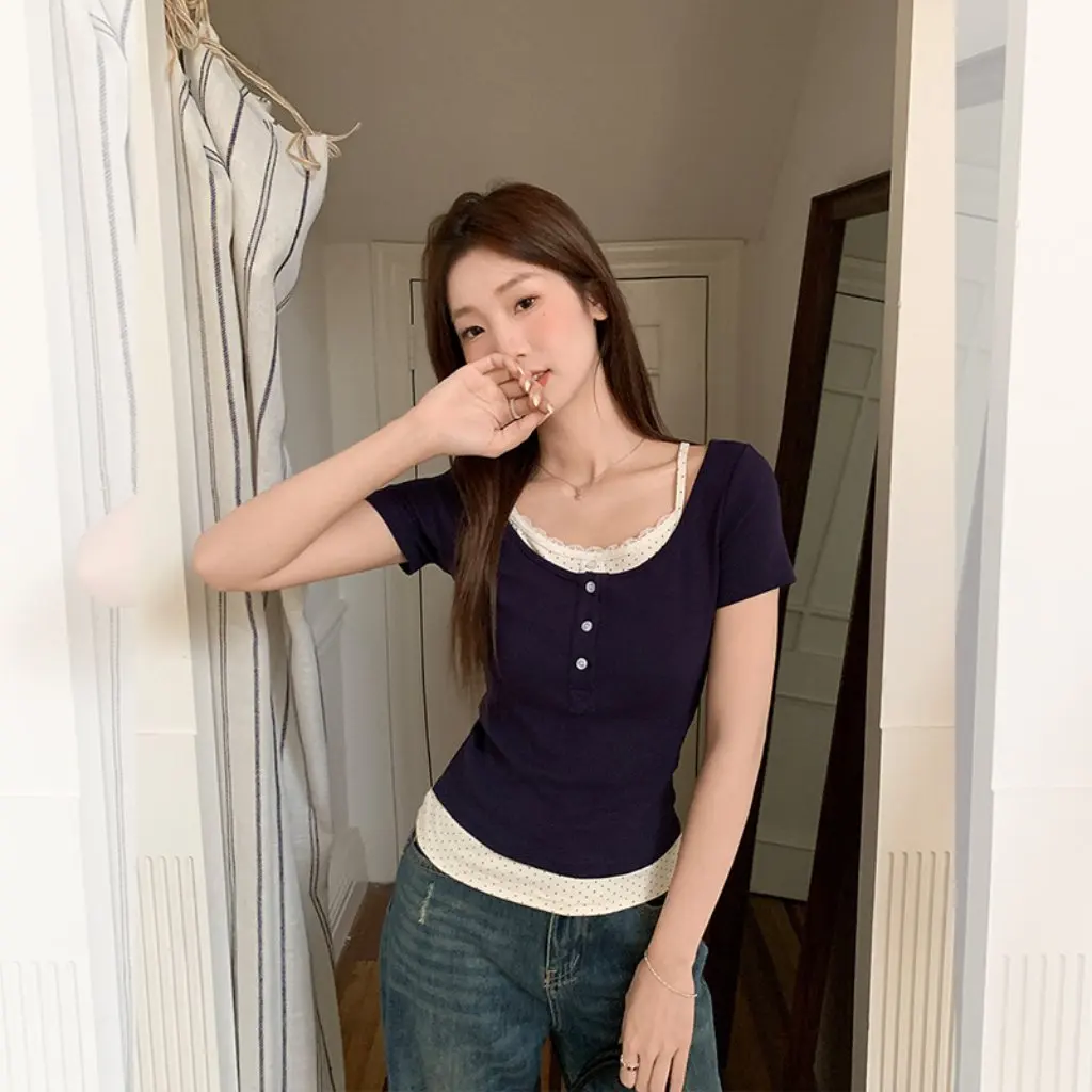 

Women's Cream Yellow Floral T-shirt Short-Sleeved Sweet Elegant Slim-fit Top for Summer Fake Two-Piece Set