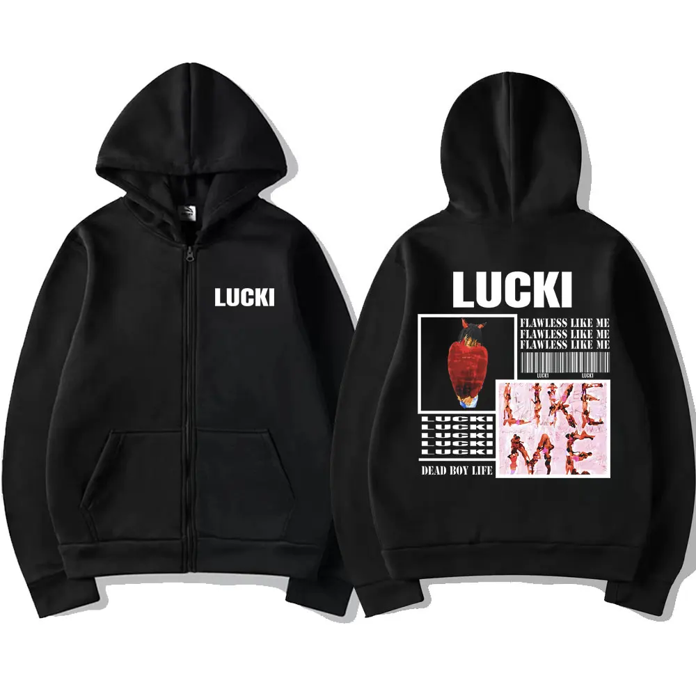 Rapper Lucki Dead Boy Life Flawless Like Me Print Zipper Hoodie Men Hip Hop Vintage Zip Up Jacket Oversized Zipper Sweatshirts