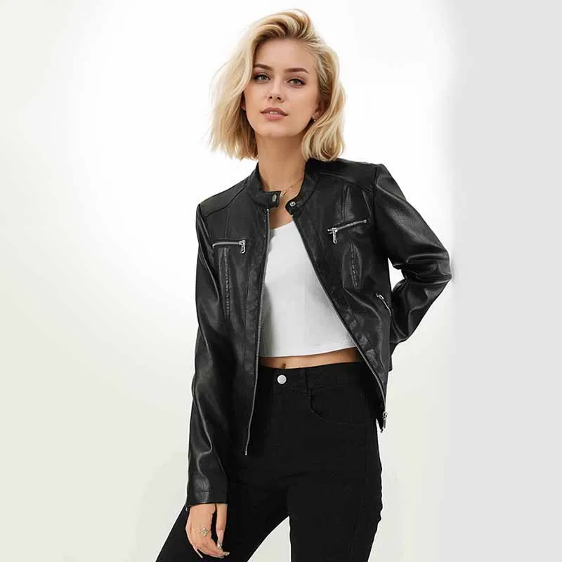 PU Leather Jacket for Women Black Brown Rose Orange Moto Biker Zipper Jackets Spring Autumn Streetwear Slim-Fit Short Outwear