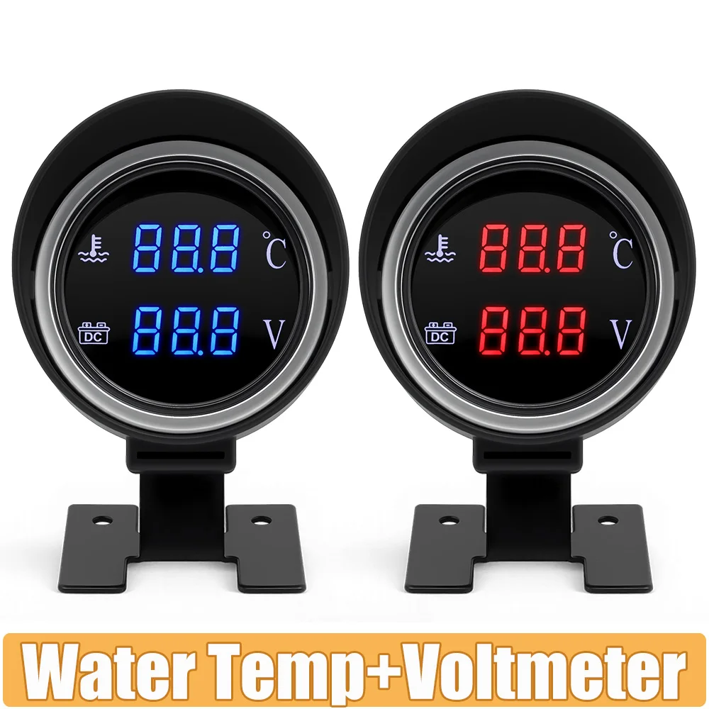 2 In 1 Round LED Digital Water Temp Gauge Voltmeter Temp Voltage Meter For 12V24V Car Truck Boat Temperature Sensor With Alarm
