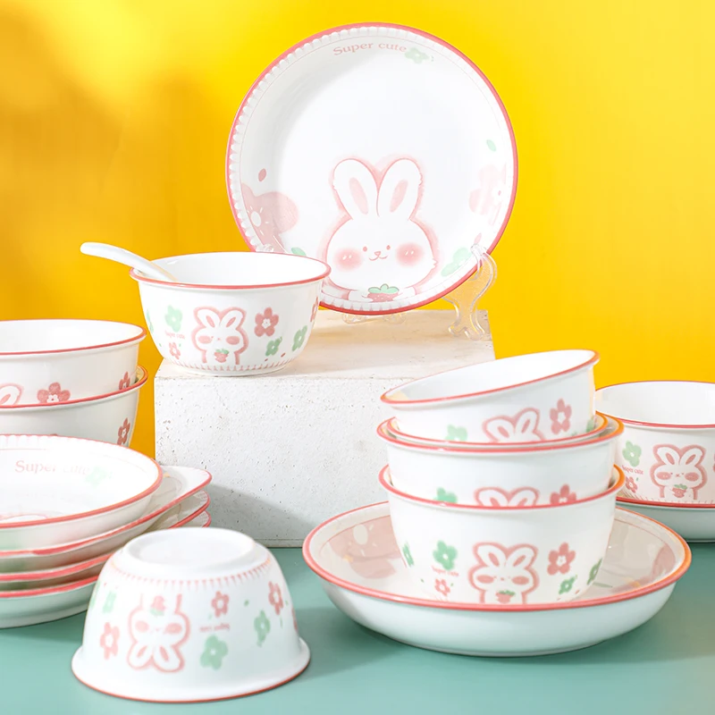 

Dish set, ceramic tableware, creative personality, pink cute rabbit bowl plate, couple set, bowl and chopstick combination