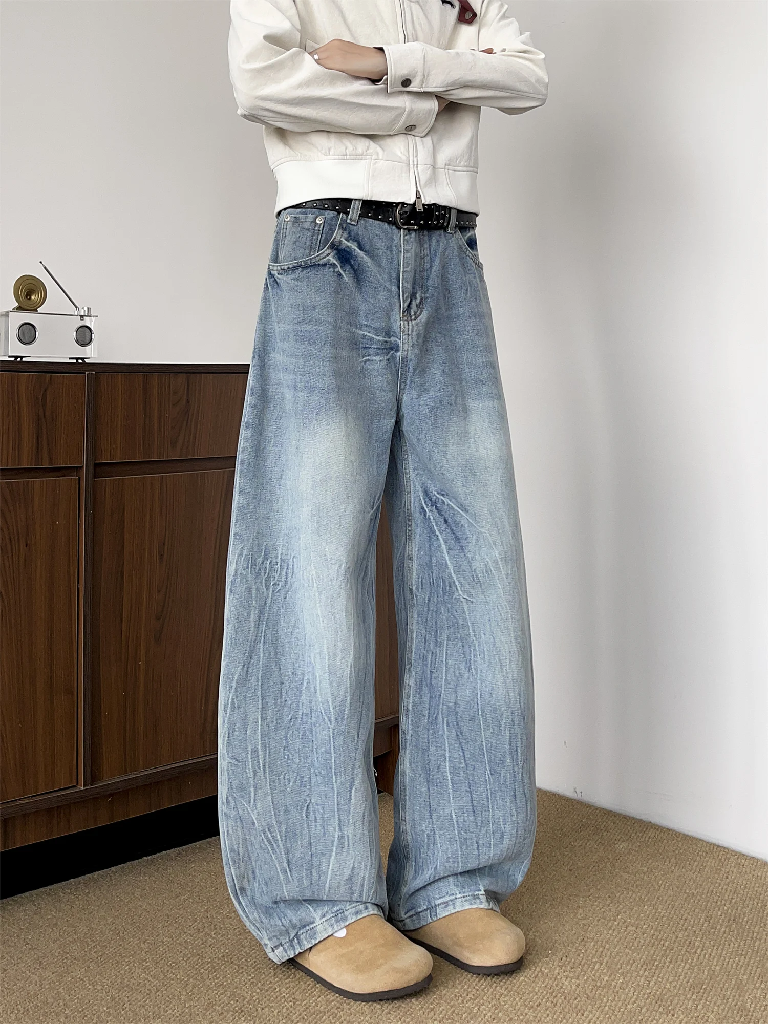 Vintage Lightning Pattern Wide Leg Jeans Men's Loose Fit Casual Straight Tube Long Pants Autumn Season Youth Fashion