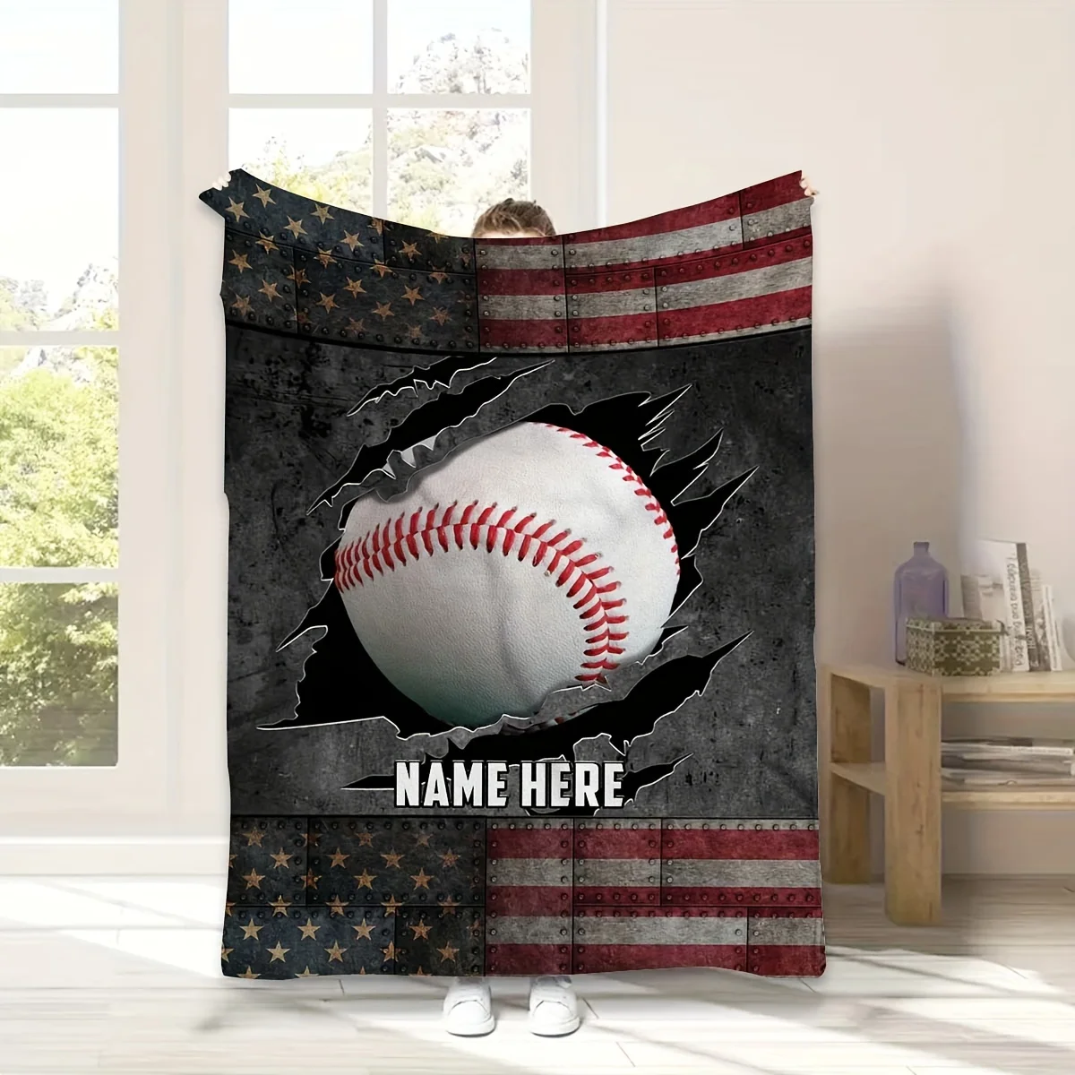 Customize Custom American Flag & Baseball Name Blanket - Soft, All-Season Flannel Throw for Couch, Bed, Travel, Camping, Living
