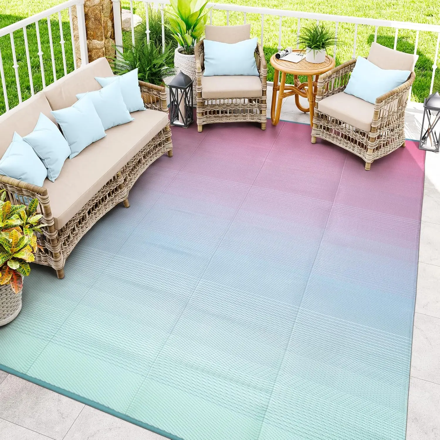 

Ombre Camping Rug for Outside RV, 8x10ft Waterproof Outdoor Rug for Patio Clearance, Plastic Straw Outside Area Rug for Deck,