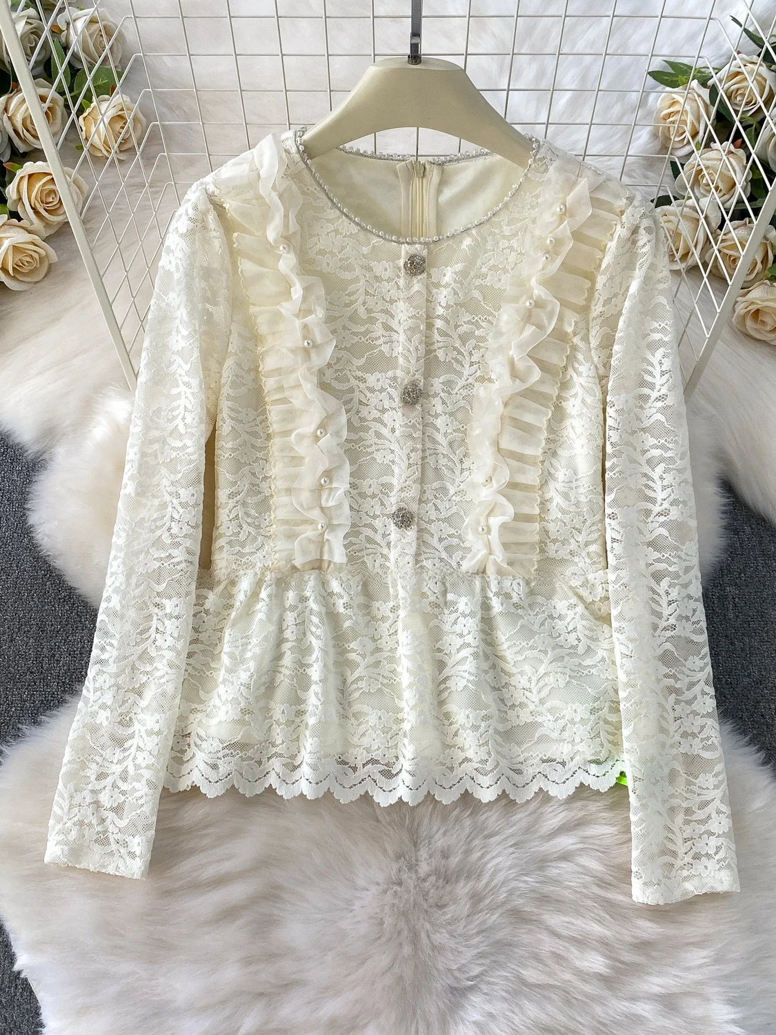 Ele round Ne Top in pizzo e gonna lunga Set in due pezzi con finiture in legno Abbellimento pesante Perline di diamanti Faionabl...