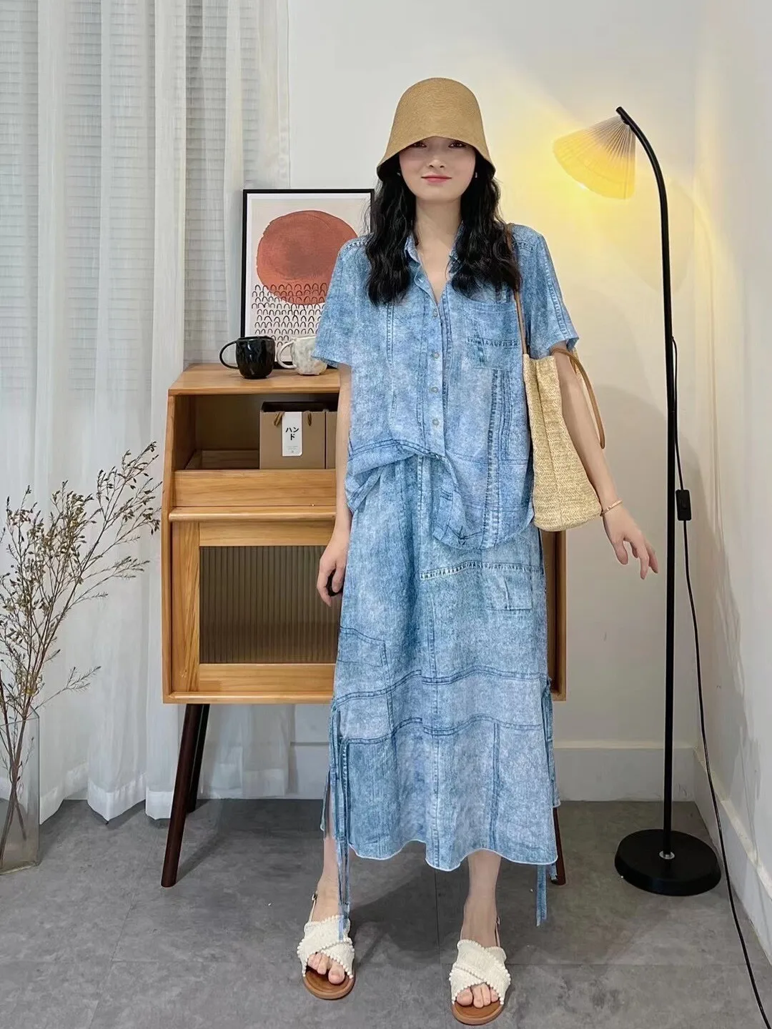 

TheLAN Casual Loose Fit A-Line Shirt Short Sleeve Chiffon Top Denim Look Draped Lightweight Women's Fashion Summer Top