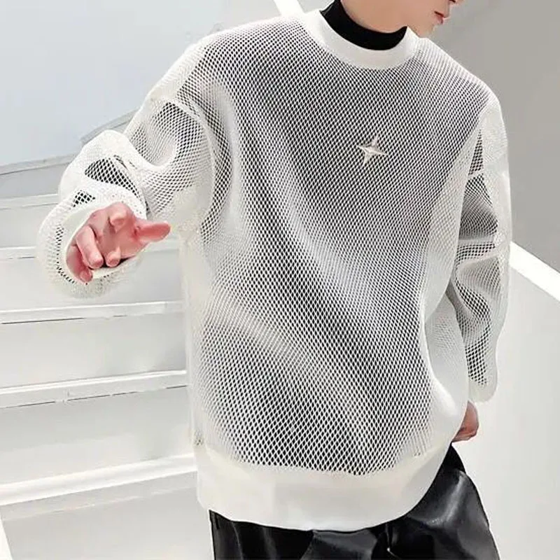 Fashion Korean Clothes Spring Hollow Out Ice Silk Fabric Men\'s Wear Sheer Out Streetwear Round Neck Long Sleeve T-shirt