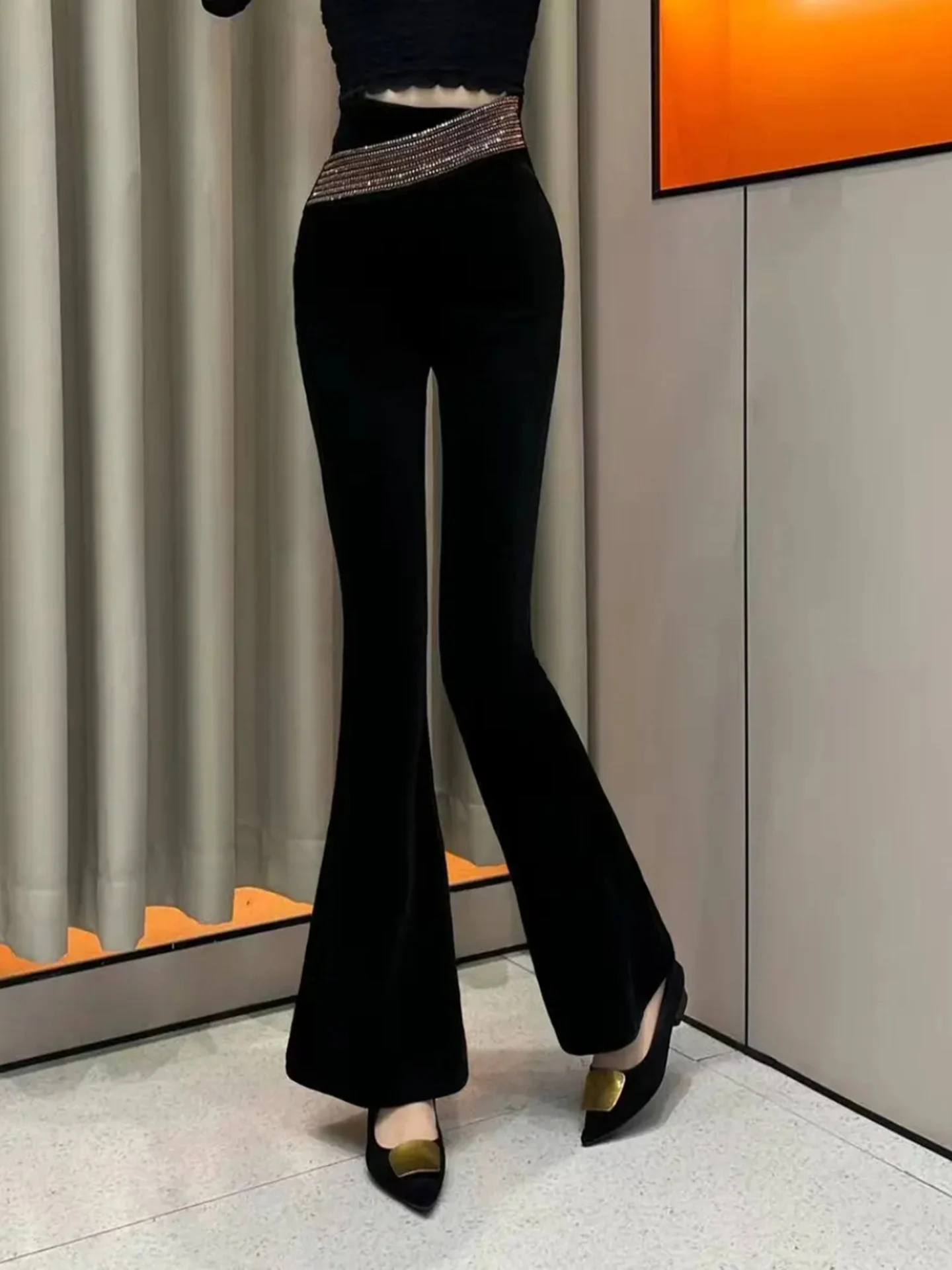 بنطلون مخملي واسع للنساء، موديل خريف وشتاء جديد، نحيف ومزين بالماس، بسحاب جانبي وخصر عالي، مناسب للعمل والأناقة