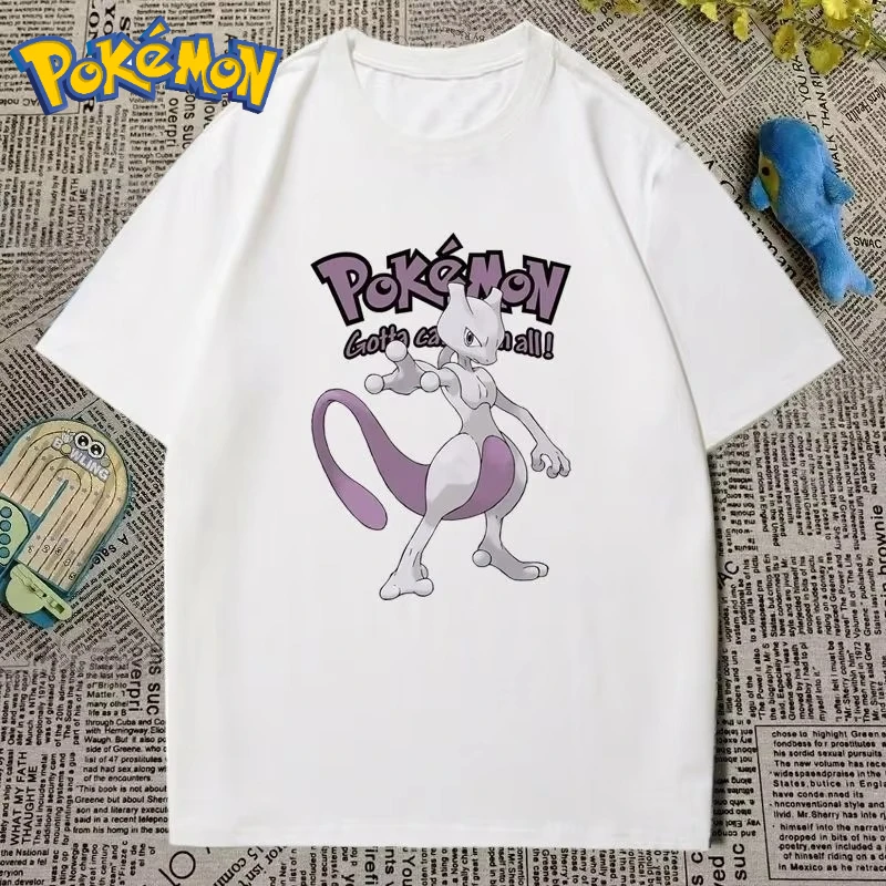 

Футболка с креативным принтом «Покемон» из мультфильма Mewtwo, новинка лета 2024, мужская и женская Harajuku, свободный повседневный трендовый топ с короткими рукавами