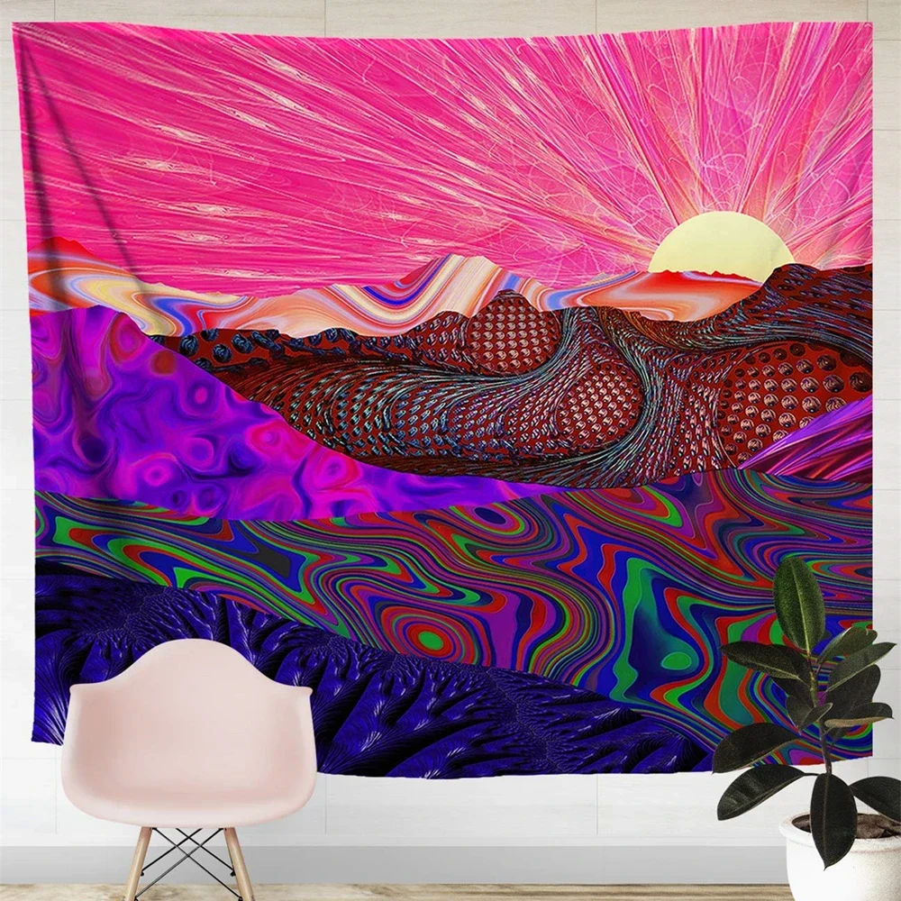 Trippy Trek Tapestry, Psychedelic Mountain Sunrise, Girls Room Pink Wall Art Decor, Wall Hanging for Bedroom Living Room Dorm