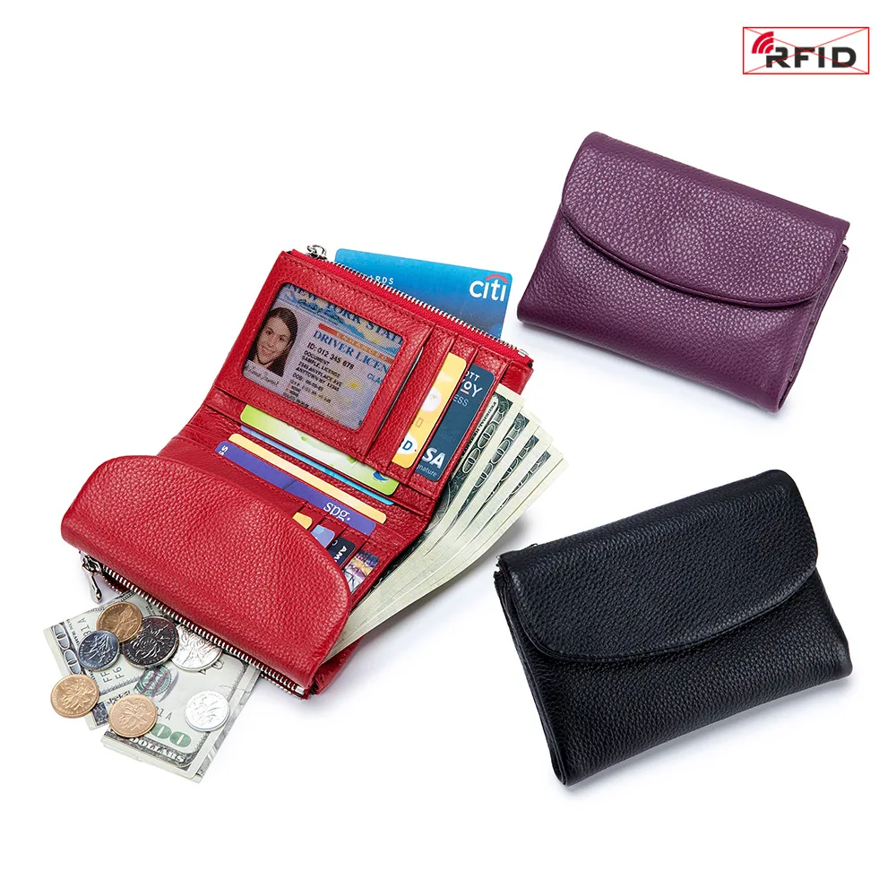 Patchwork Short Genuine Leather Wallet 2025 New Soft Real Cow Leather Purse Woman RFID Card Holder Cowhide Clutch Bag