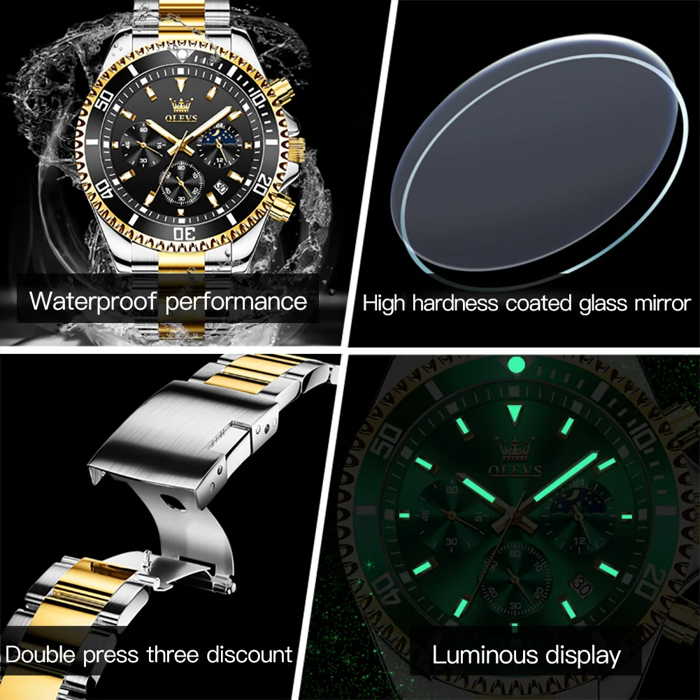 OLEVS, relojes de moda para hombre, marca superior, reloj de acero inoxidable de lujo, reloj de pulsera de cuarzo resistente al agua, reloj deportivo multifuncional