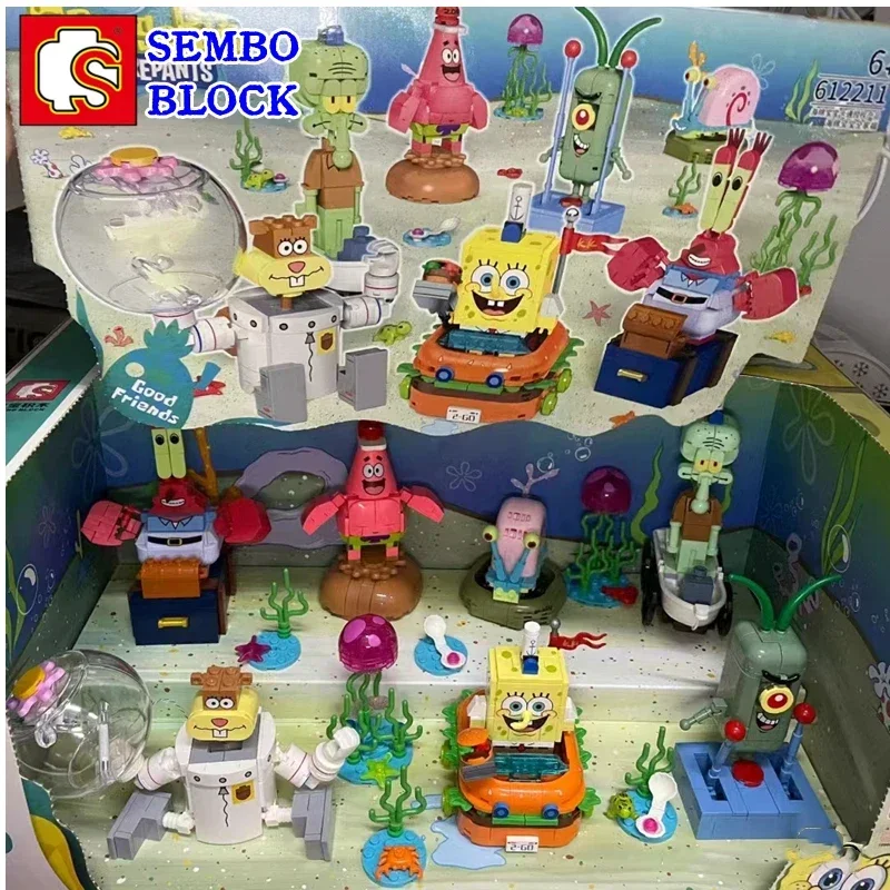 SEMBO BLOCK Spongebob series family portrait children's toys Patrick Star Sheldon J. Plankton model Kawaii Christmas gift