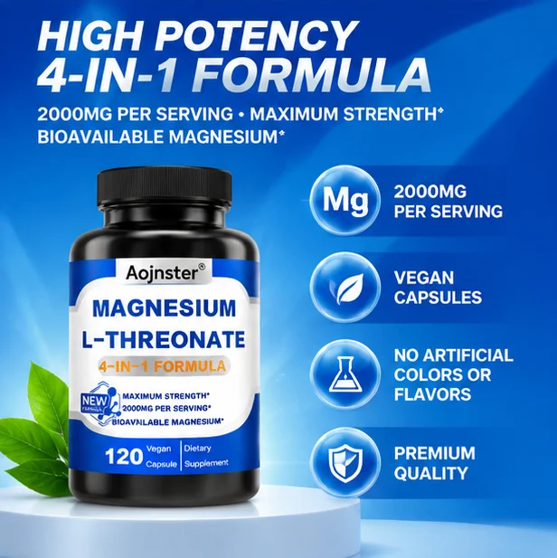 4-in-1 Magnesium L-Threonate Capsules, Memory & Calm Focus Support, Maximum Strength 2000mg, Easy Absorb Vegan Supplement