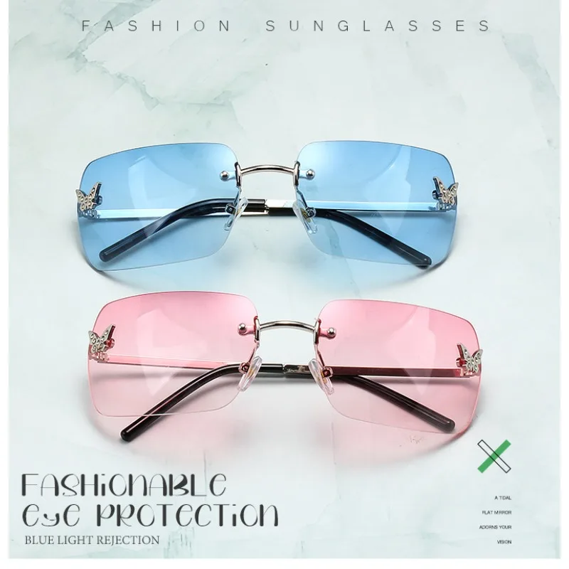 

Rimless Butterfly Diamond Sunglasses Rectangle Fashion Women Men Shades Beach Hiking Glasses Female Male Summer Travel Eyewear