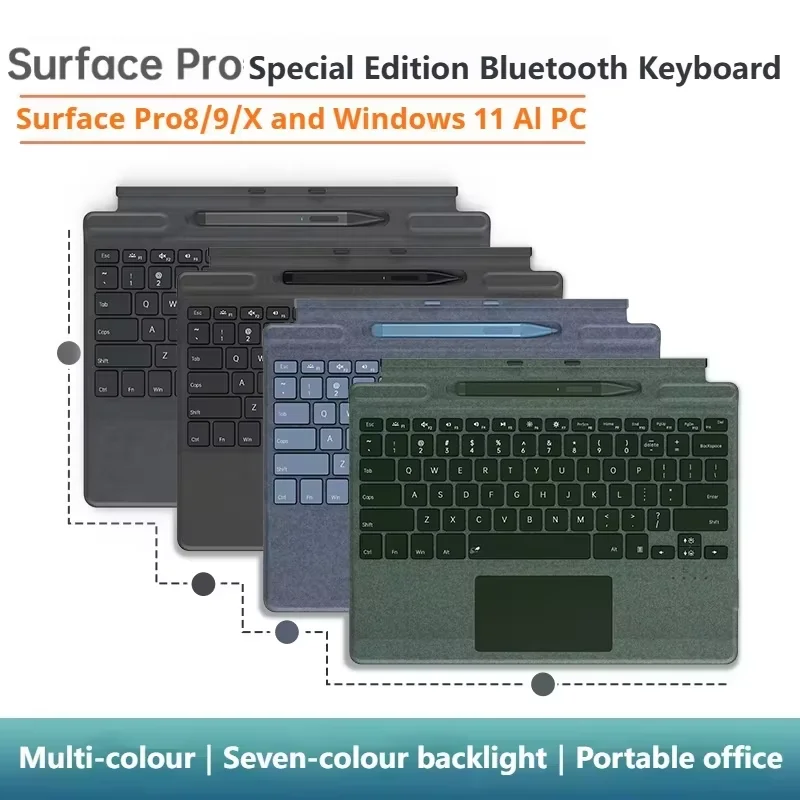 New Upgraded Surface Pro 8/9/X/10/11 Bluetooth Magnetic Keyboard with Pen Slot, Touchpad & 7-Color Backlight