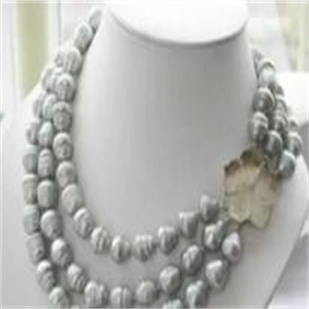 

triple strands 11-13mm natural south sea gray baroque pearl necklace 17-19"