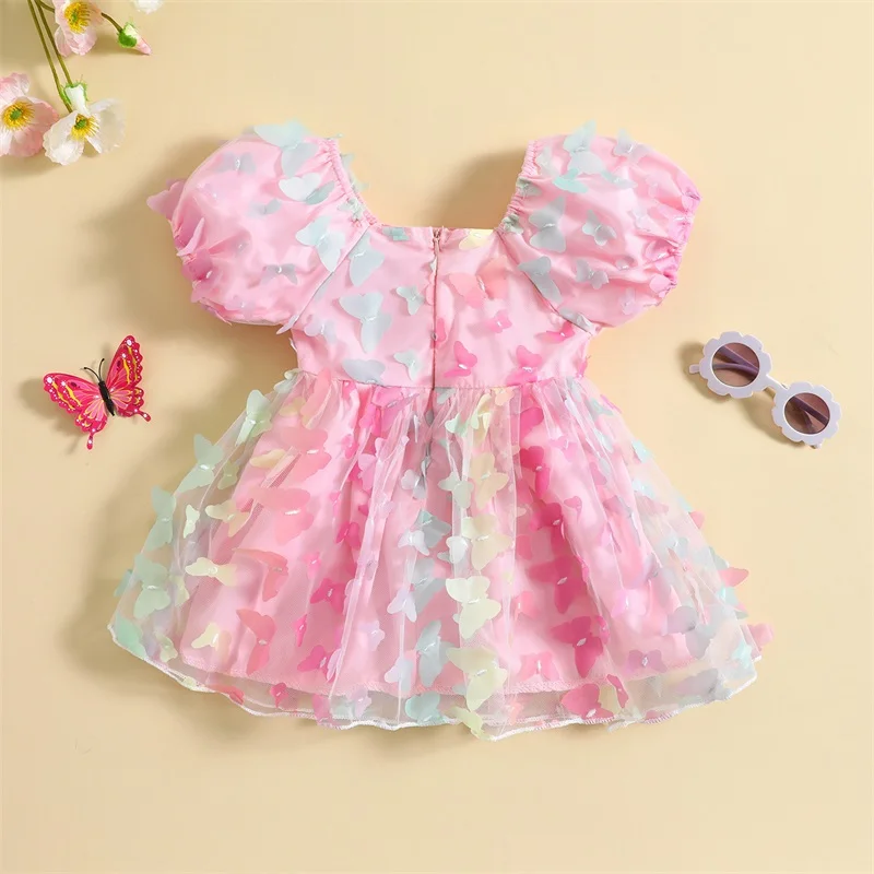 VISgogo Baby Girls Princess Dresses Short Puff Sleeve 3D Colorful Butterfly Tulle A-line Dress Kids Summer Casual Dress