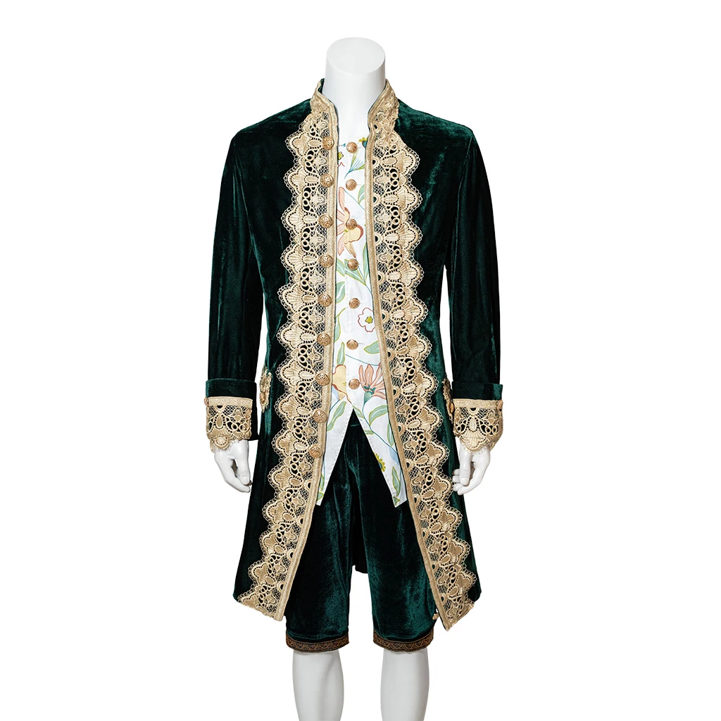 

Rococo Fashion Costume For Men Green Velvet Court Coat Suit Vest Shorts Embroidered Medieval Victorian Jacket Gentlemen Suit