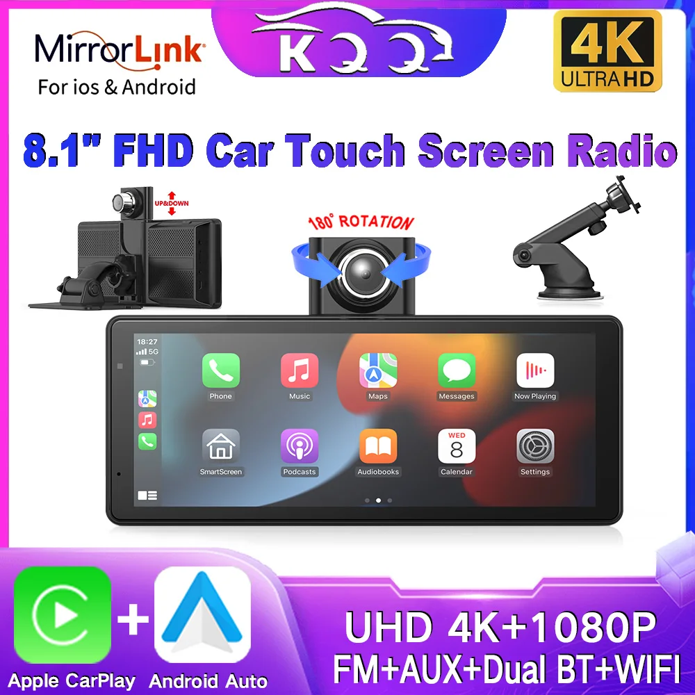 

8.1'' Car Radio Multimedia Video Player with BT wifi Wireless CarPlay Android Auto Portable Car Stereo Touchscreen Multimedia