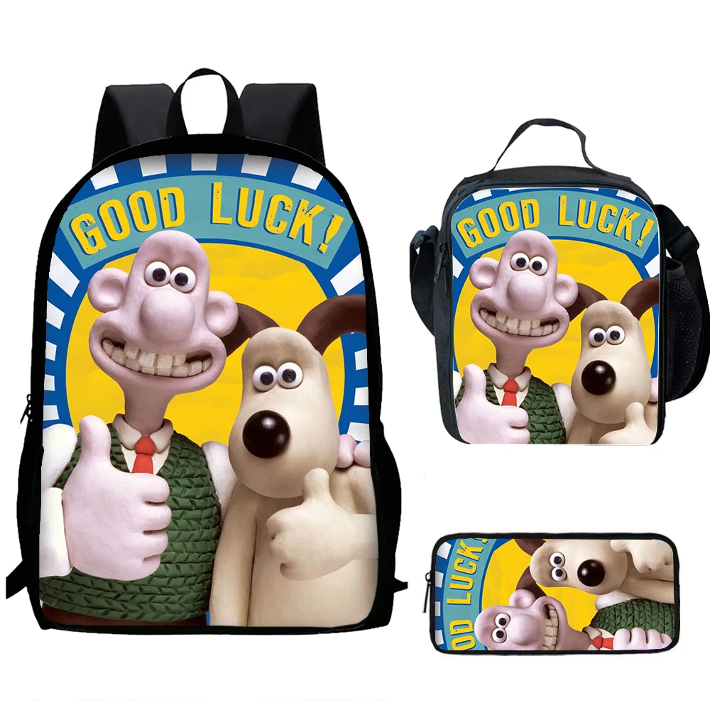 W-Wallace and Gromit  Cartoon 3 pcs set Child School Backpack with Lunch Bags ,Pencil Bags  School Bags for Boys Girls Best Gift