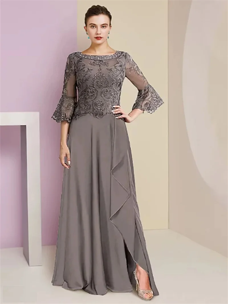 

Elegant Dress Formal Party Wedding Classic Gray A-Line O- Neck Chiffon Appliques Half Sleeve Floor-Length