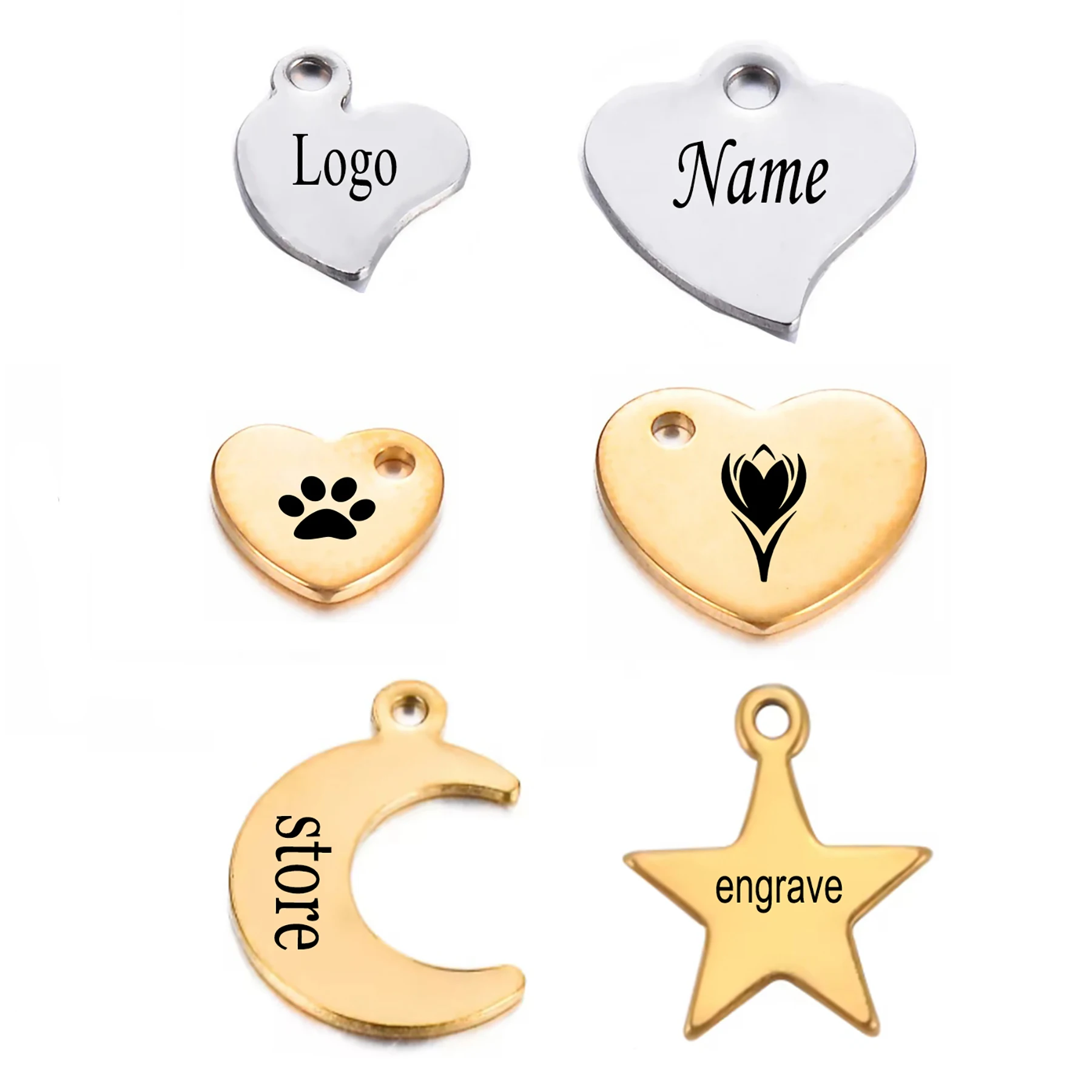 

10-100PCS Stainless Steel Heart Star Moon Logo Tags Charm Jewelry DIY Necklace Bracelet Tag Engrave Store Name Logo