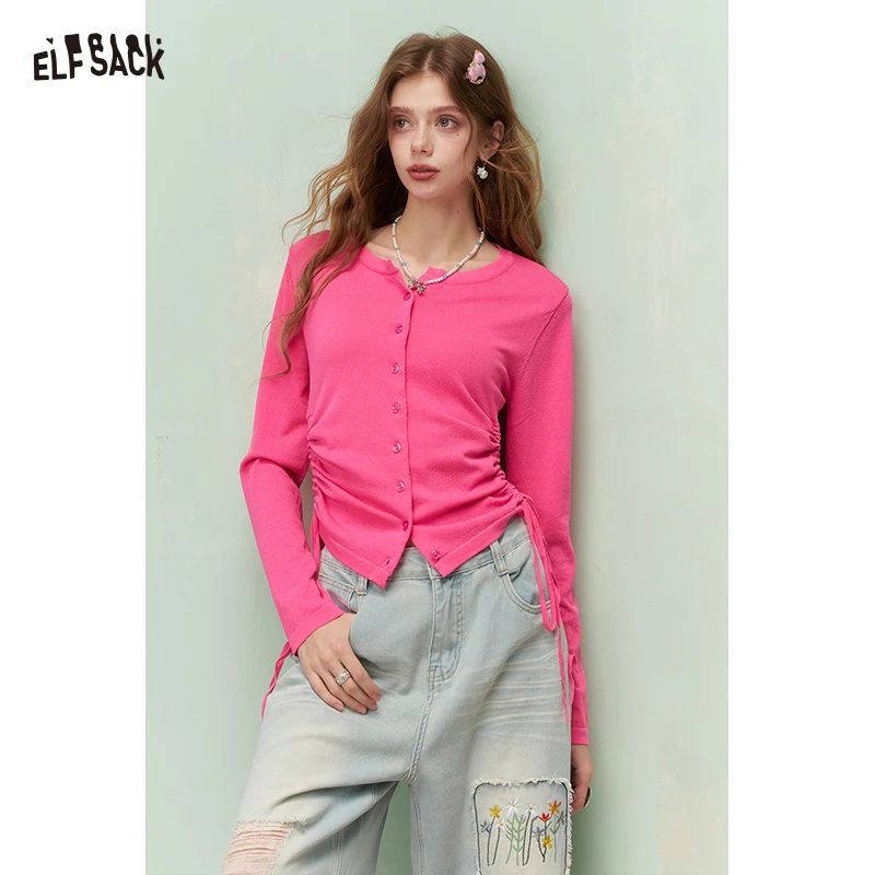 

ELFSACK Fresh Girly Трикотажный кардиган с круглым вырезом и завязками на талии для женщин