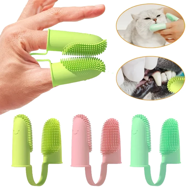 1PCPet Double Finger Toothbrush Super Soft TPR Pet Teeth Cleaning Tooth Brush Bad Breath Care Nontoxic Dog Cat Cleaning Supplies