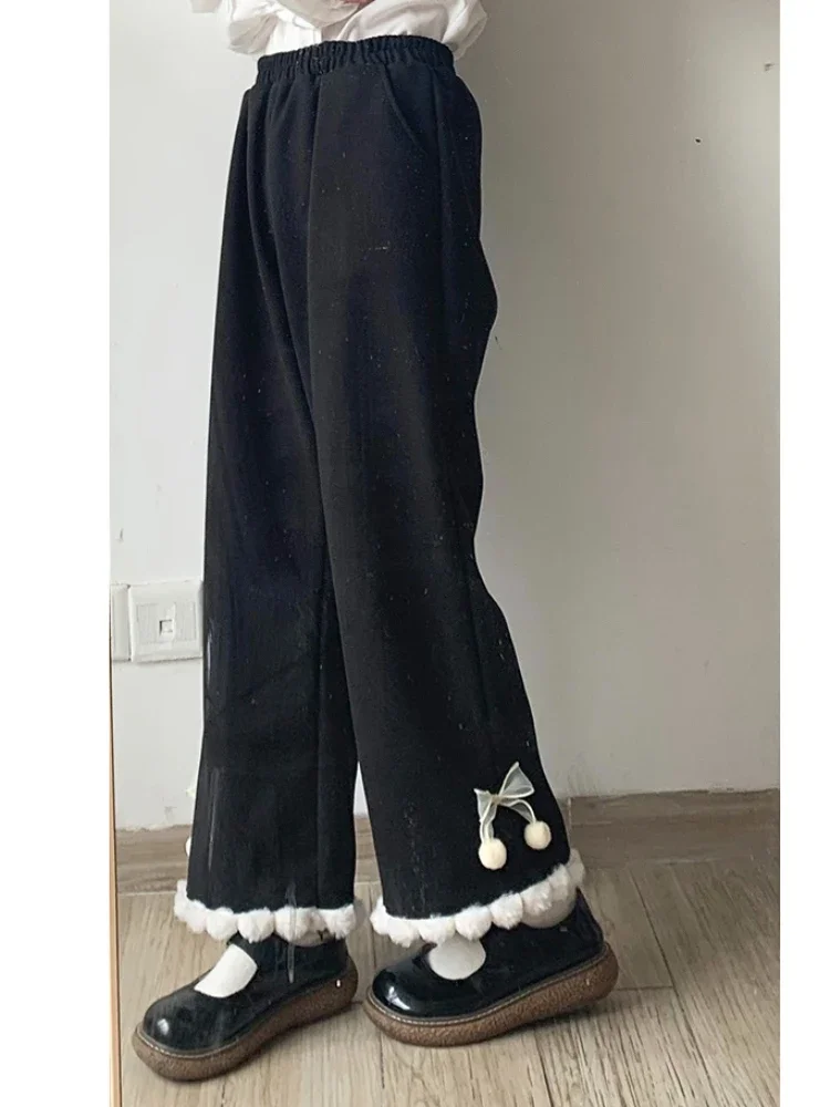 Pink Japanese Lolita Kawaii Pants Women Black Korean Style Wide Leg Pants Female Bow Sweet Cute Trousers Autumn Winter 2024 New