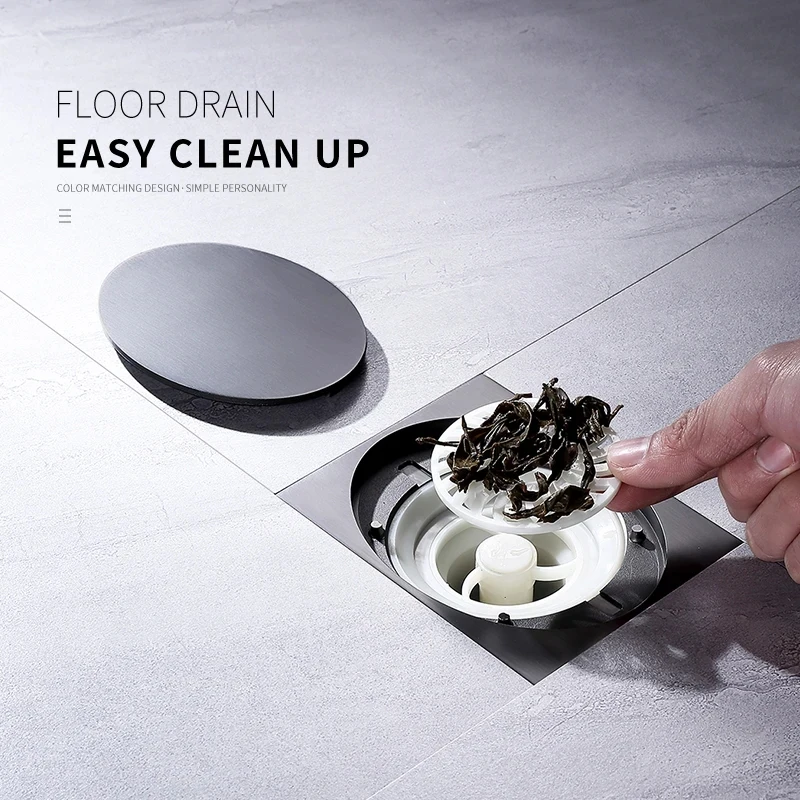 Anti-odor Gun Grey Bathtub Shower Drainer Floor Brass Square Floor Shower Drain Waste Invisible Floor Anti Blocking Drain