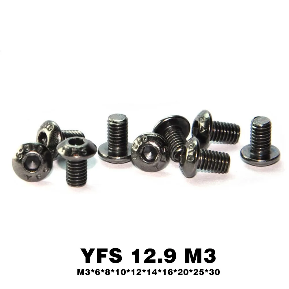 100Pcs YFS M3 Hex Socket Button Head Allen Screw M3*6*8*10*12*14*16*20*25*30mm Grade 12.9 Black Nickel Plating Antirust Screws