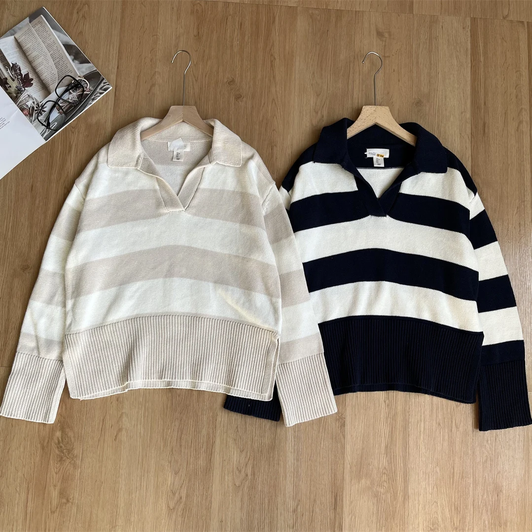 

Свободный вязаный свитер для пригородных поездок, V-Ne, с надписью в полоску, теплый термодлинный свек обычной длины, осень-зима