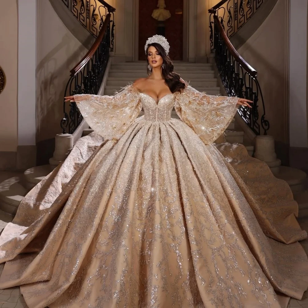 Luxurious Embroidery Beaded V-neck Wedding Dress Sequined Off Shoulder Bridal Gown 2026 Customized Ball Gowns Dresses For Bride