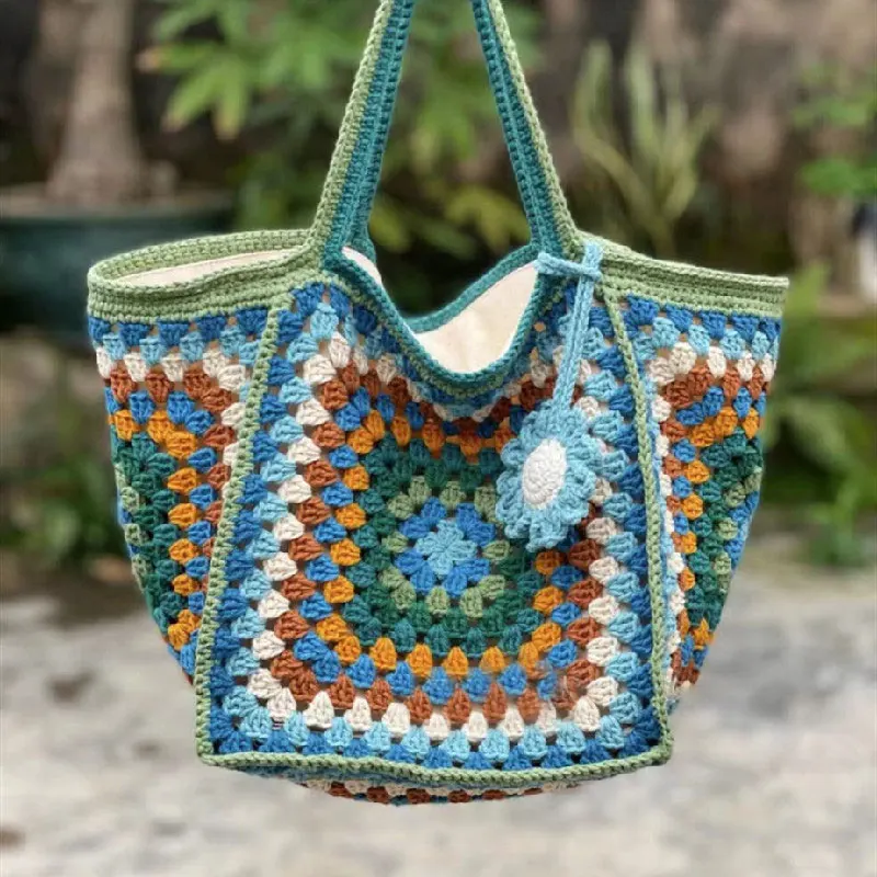 Borsa a tracolla con motivo a griglia per nonna intrecciata a mano per borsa della spesa casual da donna, semplice e alla moda