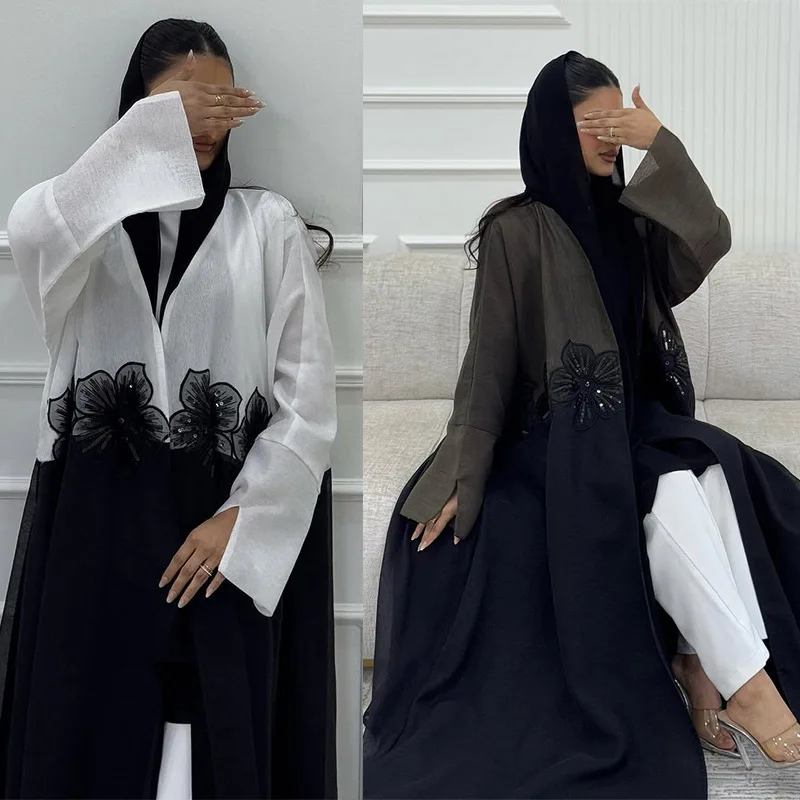 

Black & White Modest Abaya with 3D Floral Applique - Crinkle Open Front Kaftan Set with Hijab
