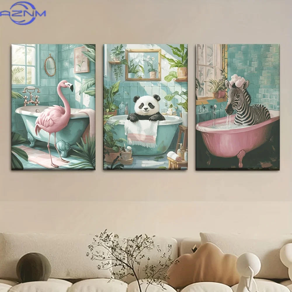 Lot de 3 affiches sur toile 2D sans cadre, style peinture à l'huile, motifs mignons Flamingo, Panda, Zèbre pour salle de bain, ensemble de dessins d'artiste, salon, bibliothèque