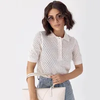 White POLO Collar Short Sleeved Women's 2025 Summer New Loose and Slim Fit Ice Silk T-shirt Hollowed Out Knitted Top - Image 4