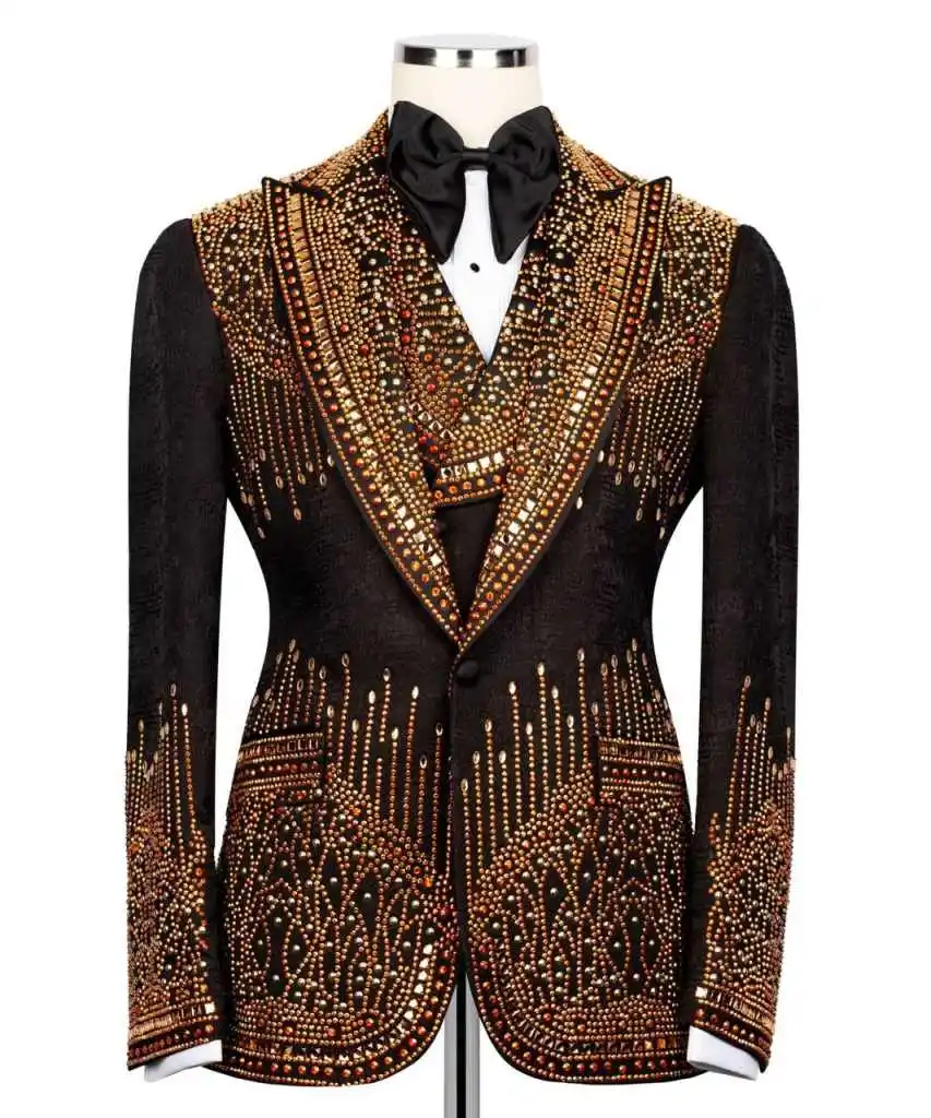 الدعاوى الرجالية الفاخرة خرز كريستالي سليم صالح الزفاف العريس البدلات الرسمية بلغت ذروتها التلبيب الأعمال السترة مجموعة 3 قطع مخصصة