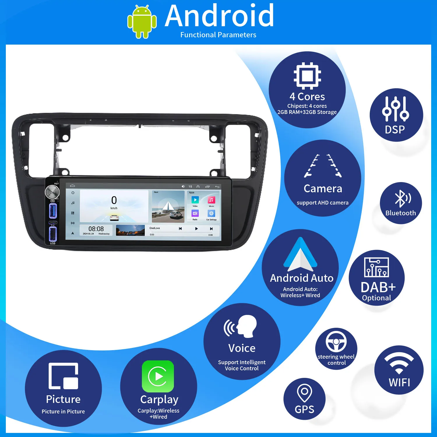 Android 6.9” car radio with Wireless carplay GPS Navigation+HD camera for VW UP! e-up! e-Load Up 121 122/Seat lbiza lV4 6J1 6J5