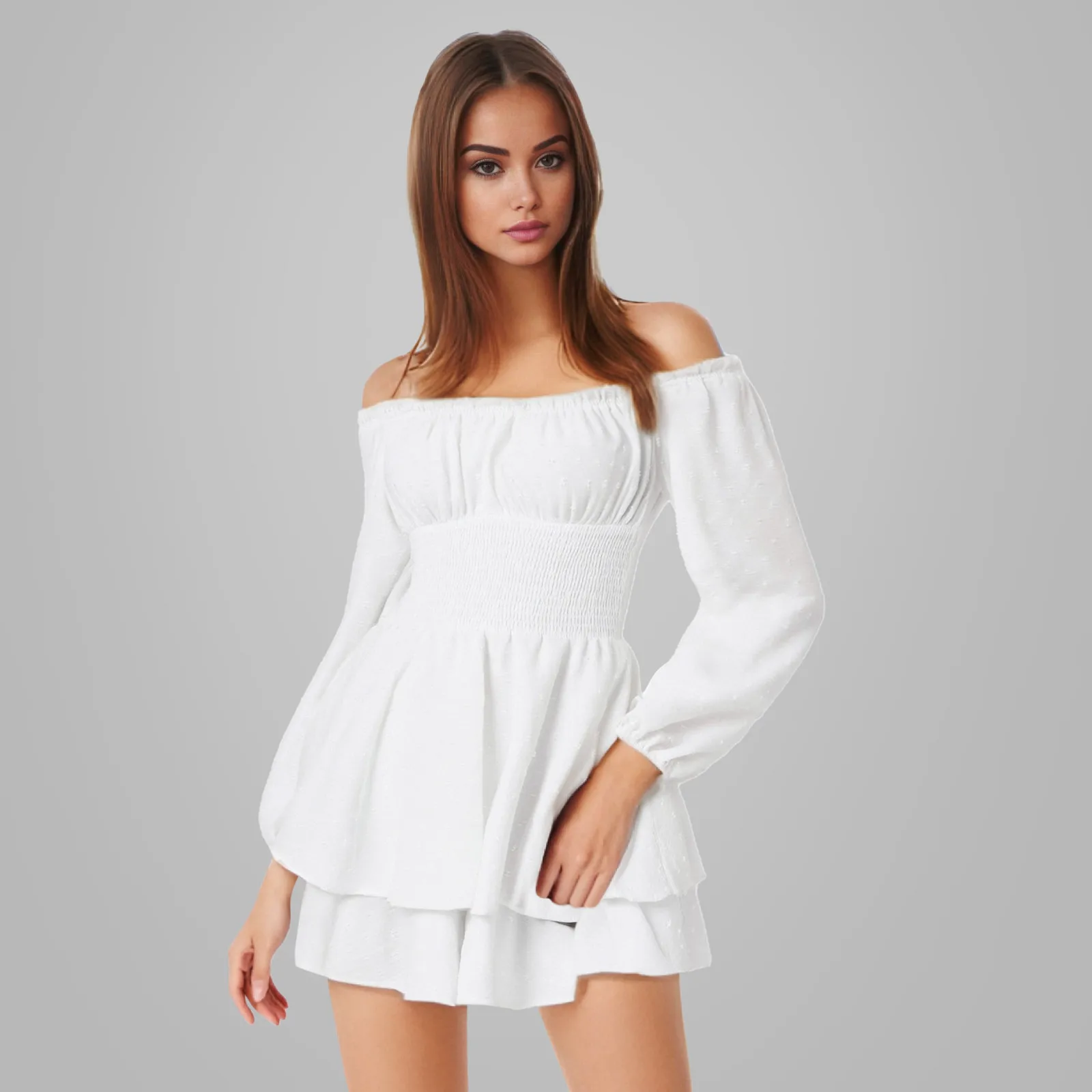 Women Ruffled Multi Layered Chiffon Mini Dress Crew Neck White Elegant Dress For Women Off Shoulder Formal Dresses Romper