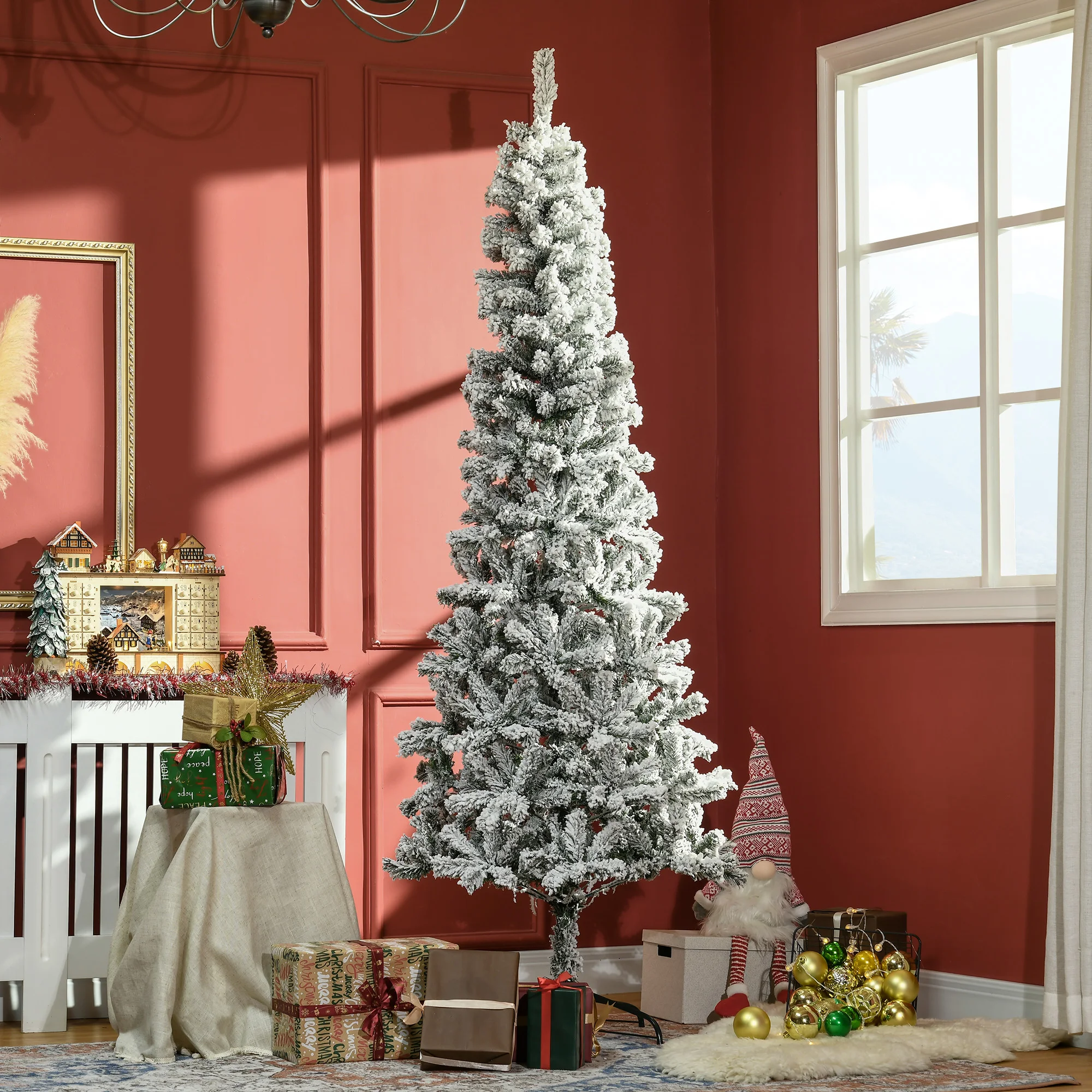 Árbol De Navidad Artificial Homcom De 210 cm Con 631 Ramas De Plástico Realistas, Árbol De Navidad Nevado Con Base Metálica
