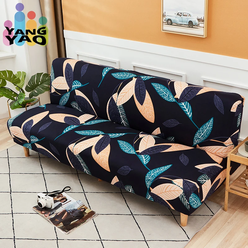 

Stretch Folding Sofa Bed Cover Spandex Armless Sofa Covers Elastic 2 Seater Futon Slipcovers for Living Room Leaves Print