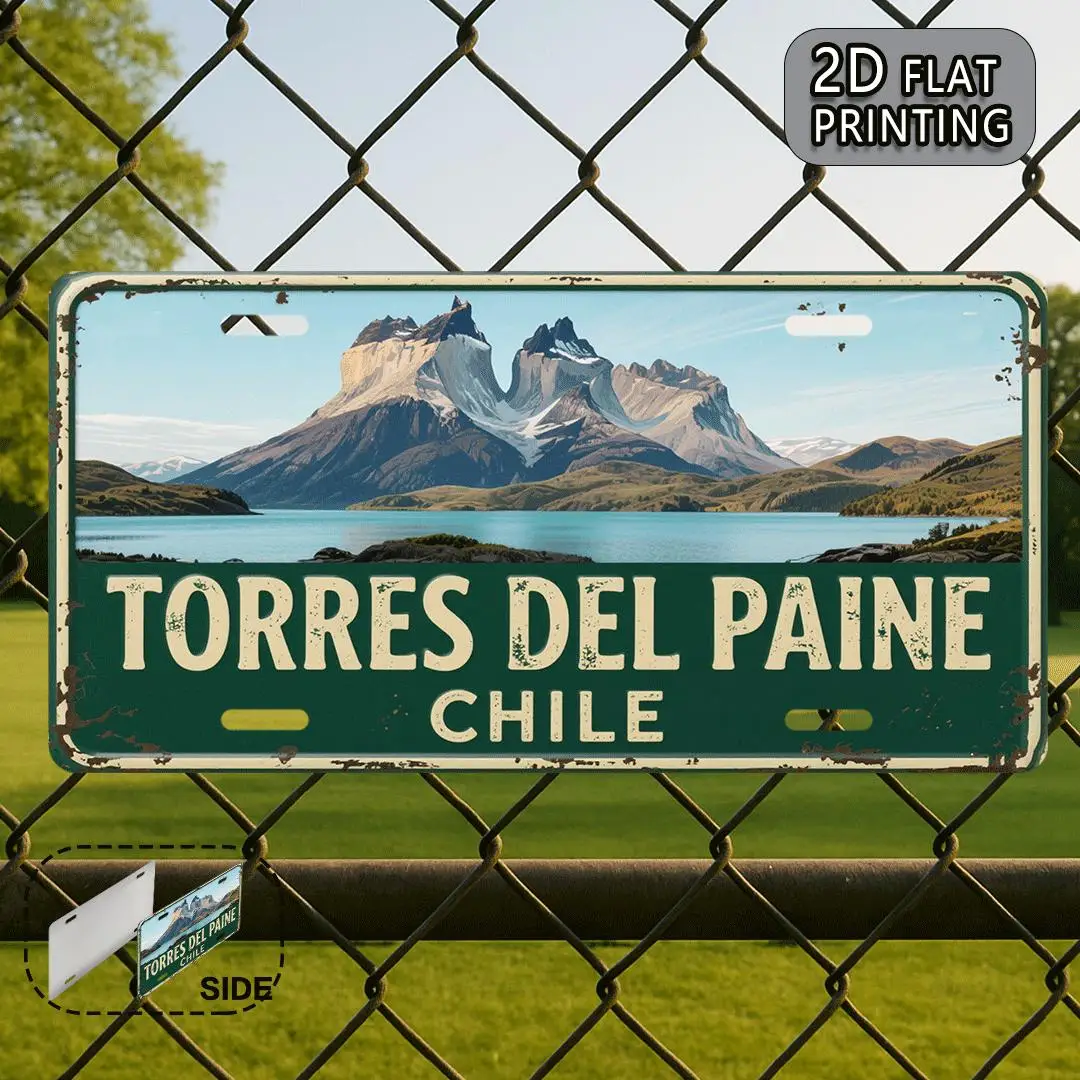 Placa Metálica Vintage 2D Plana de Torres del Paine - Decoración de Pared Escénica de la Patagonia Chilena con Diseño del Parque Nacional Torres del Paine