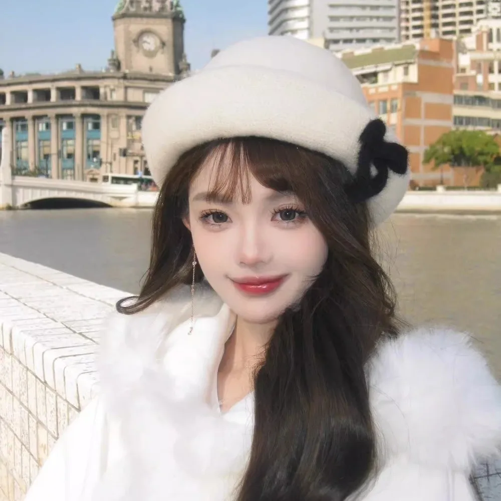 

Retro Solid Color Bow Bucket Cap Korean Style Knit Woolen Fishing Cap Roll Brims Y2k Women Bucket Hat Women