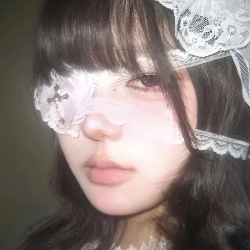 

Cross Bowknot Lace Eye Mask Women Lolita Black White Heart Necklace Eye Patch Gothic Vibe Eyewear Punk Cosplay Party Accessories